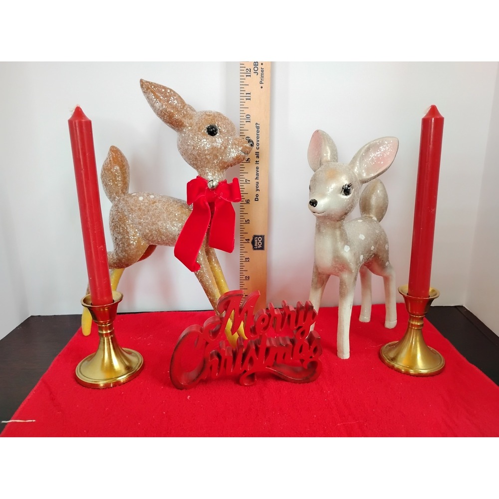Vintage Style Christmas Decor Set Glitter Deer Brass Candlesticks Red Sign